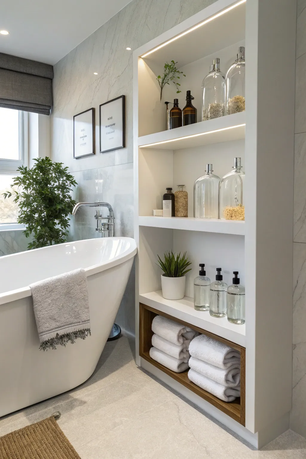 Upgrade your bath experience with a sleek built-in tub shelf—where style meets functionality.