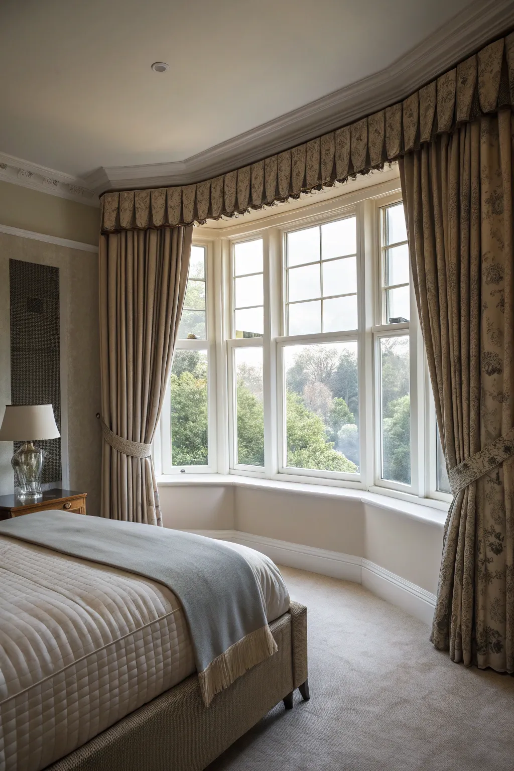 Intriguing box pleat valances in a stylish bedroom.