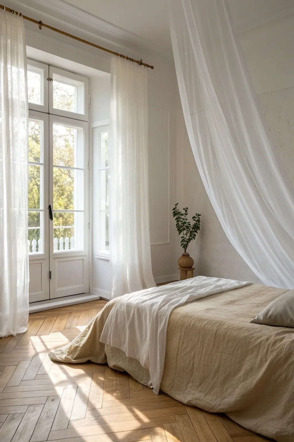 Embrace the soft play of light and shadow with layered sheer curtains for a dreamy, minimalist ambiance.