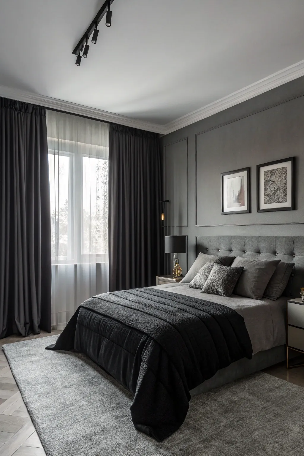 A monochrome bedroom with seamless black curtains.