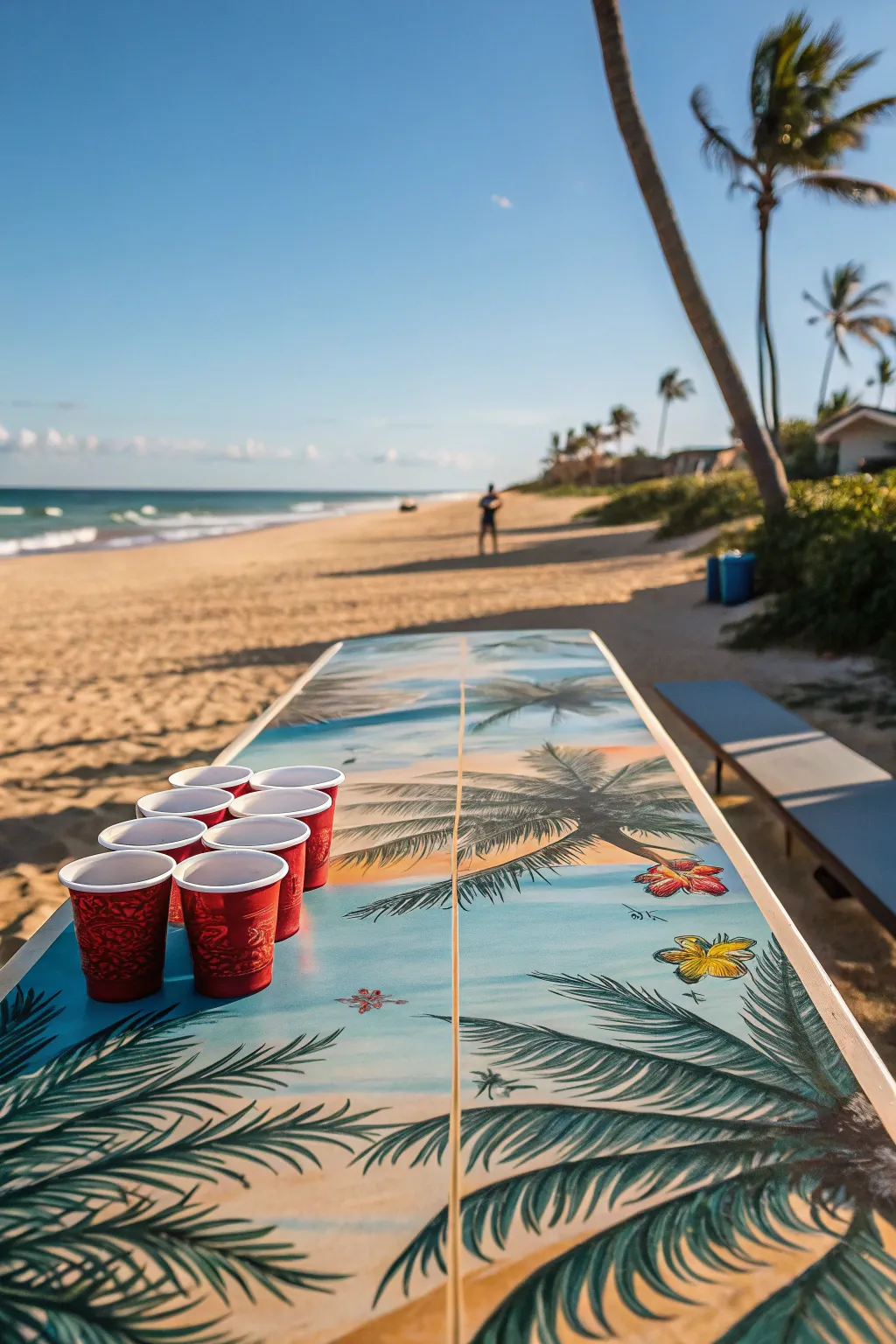 Transform your backyard into a beach paradise with this tropical-themed beer pong table. 🌴🏄‍♂️