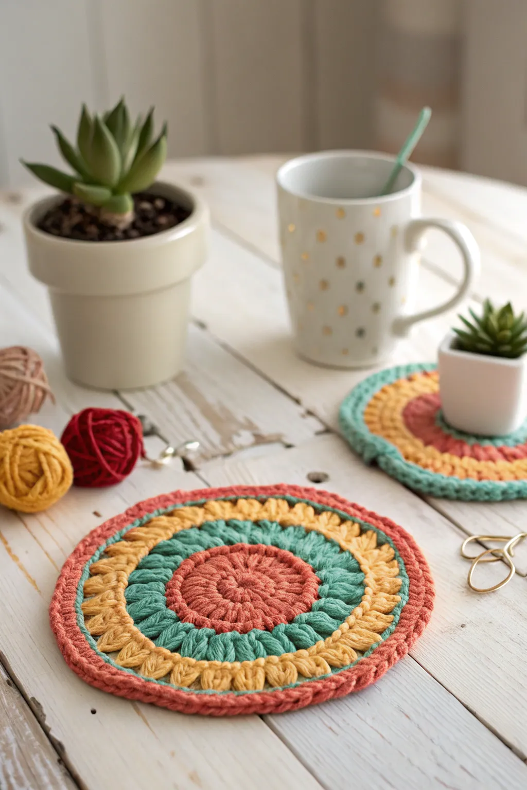 Add a pop of color and craftsmanship to your coffee table with these vibrant crochet coasters.