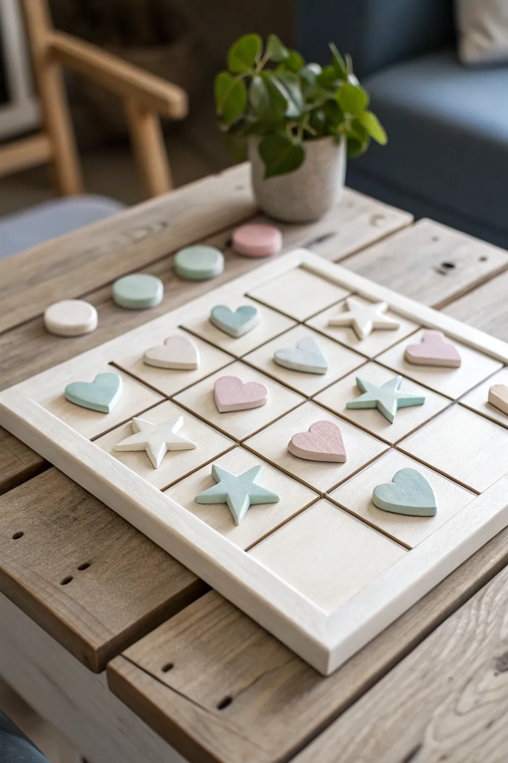 Elevate your coffee table decor with this charming handmade Tic Tac Toe game, a perfect blend of Scandinavian minimalism and playful boho charm.
