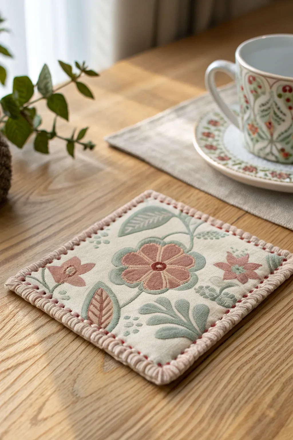 Elevate your table setting with these charming handcrafted fabric coasters. Perfect for adding a touch of warmth and elegance to any space.