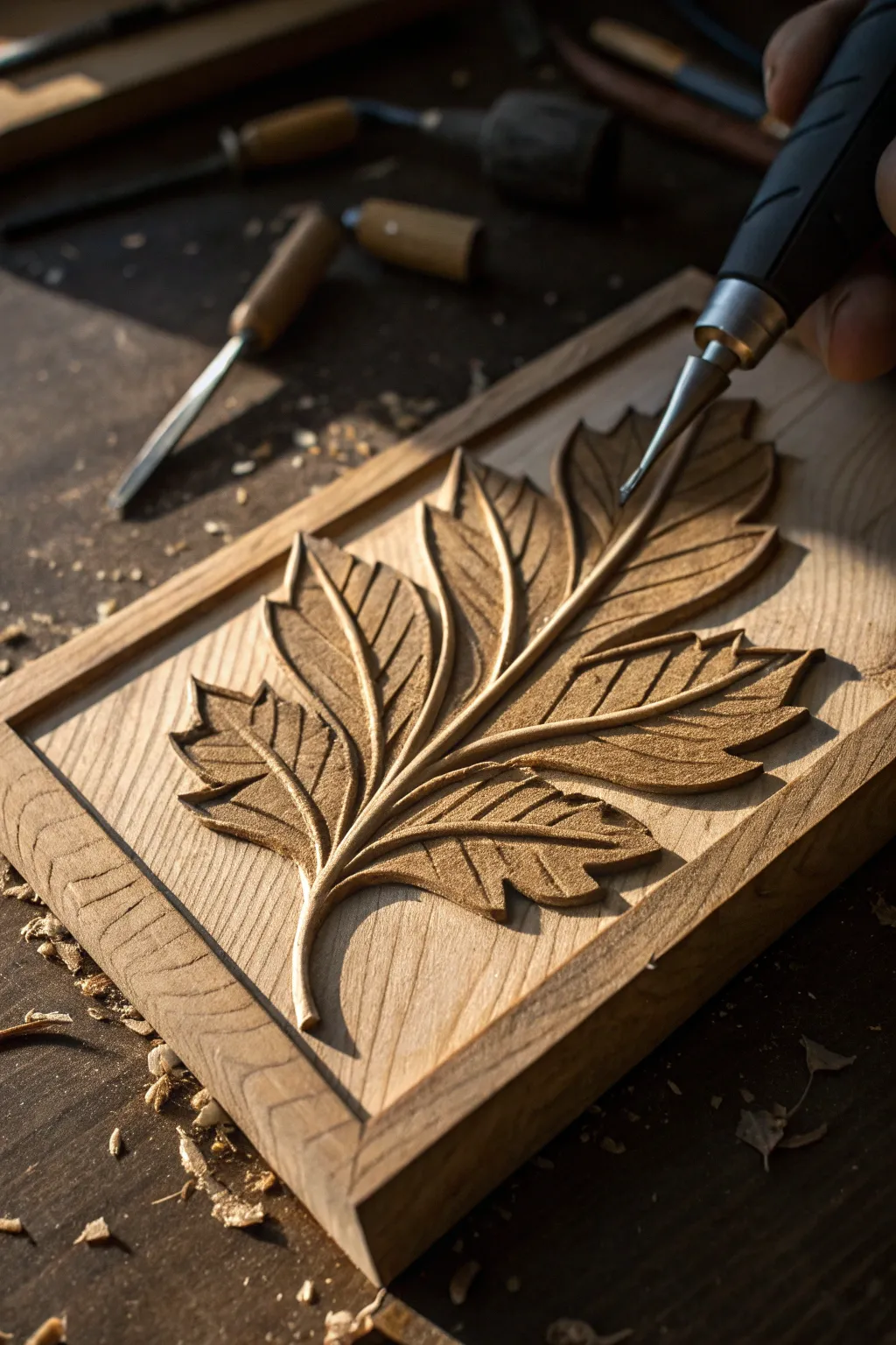 Discover the art of relief carving: Start with a simple leaf motif and explore depth and texture in your woodworking journey.