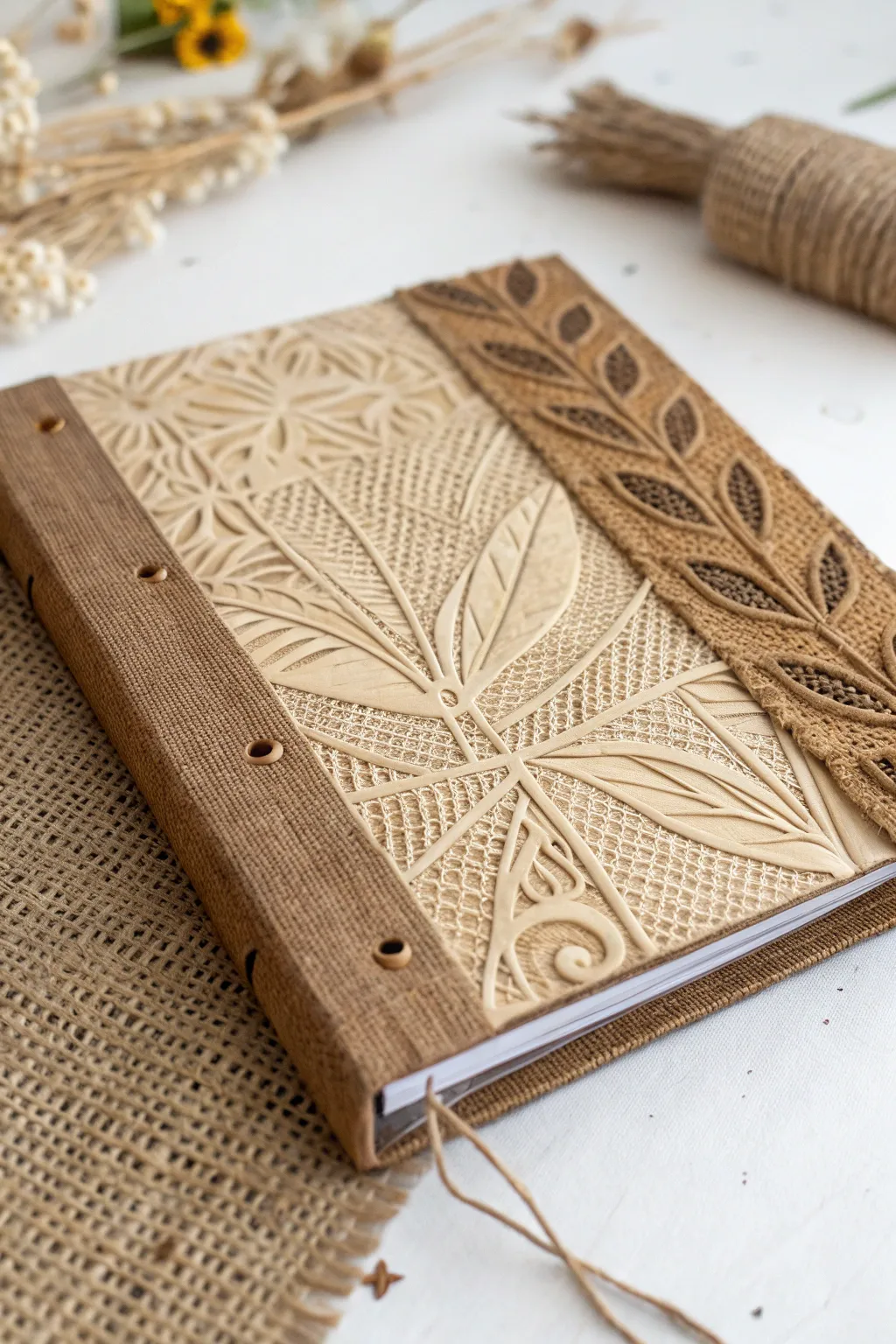 Crafted with care: Embrace eco-friendly elegance with recycled paper and burlap binder covers.