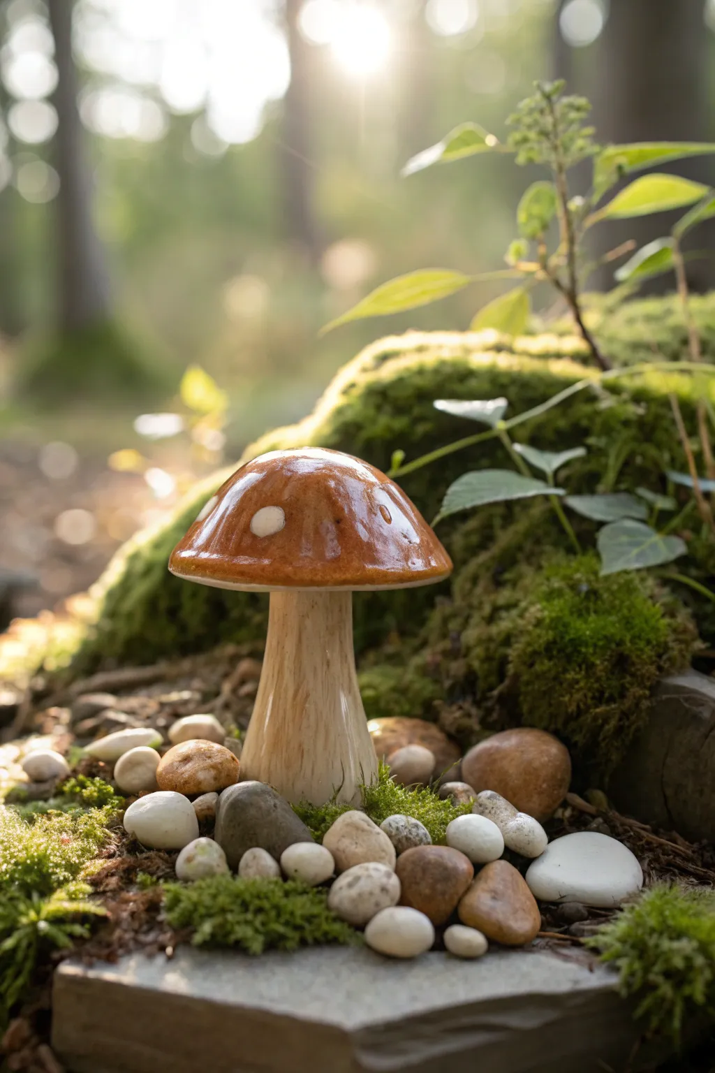 Whimsical Charm: A handcrafted mushroom accent brings fairy tale magic to your garden.