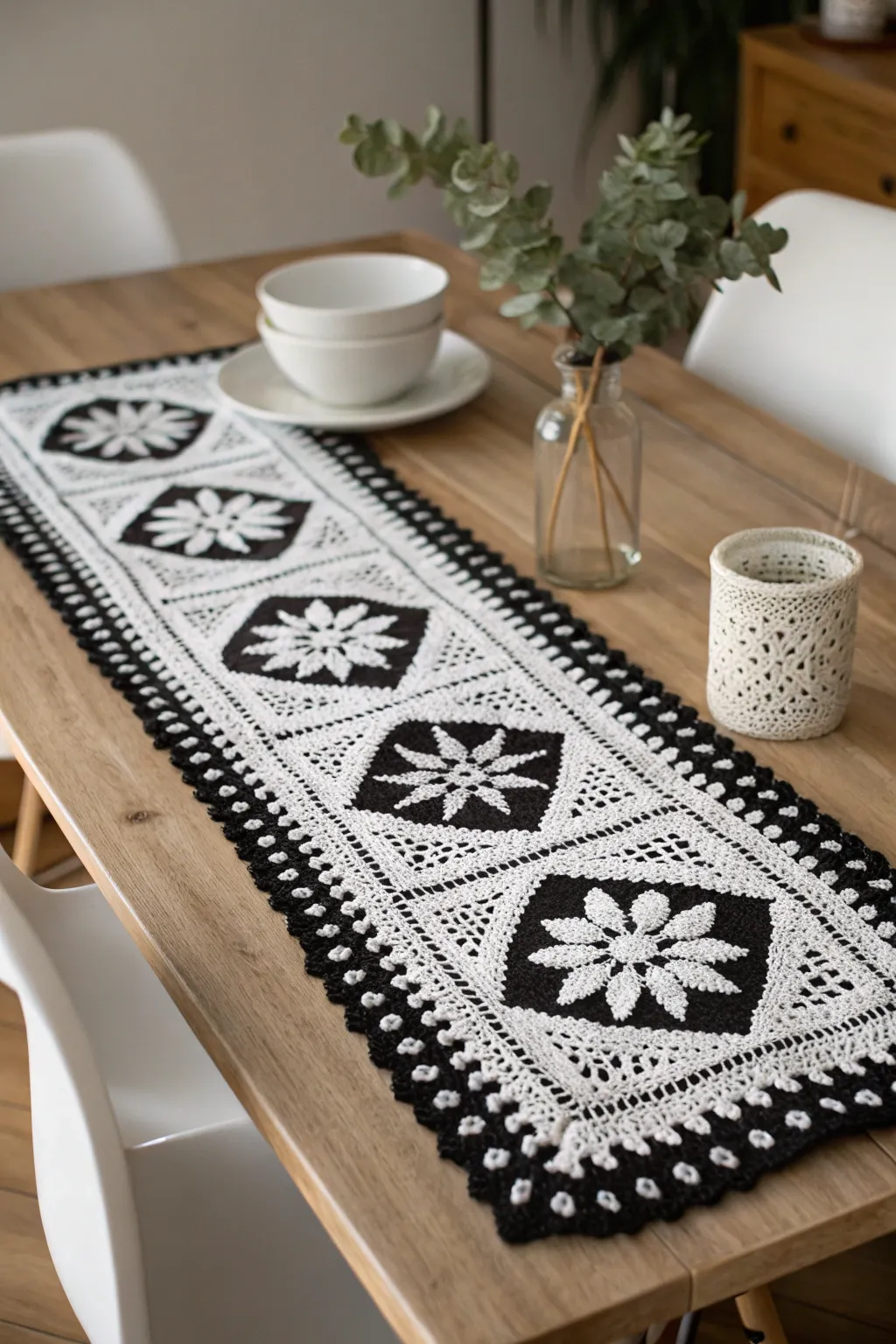 Elevate your dining experience with a touch of sophistication through this stunning black and white crochet table runner.