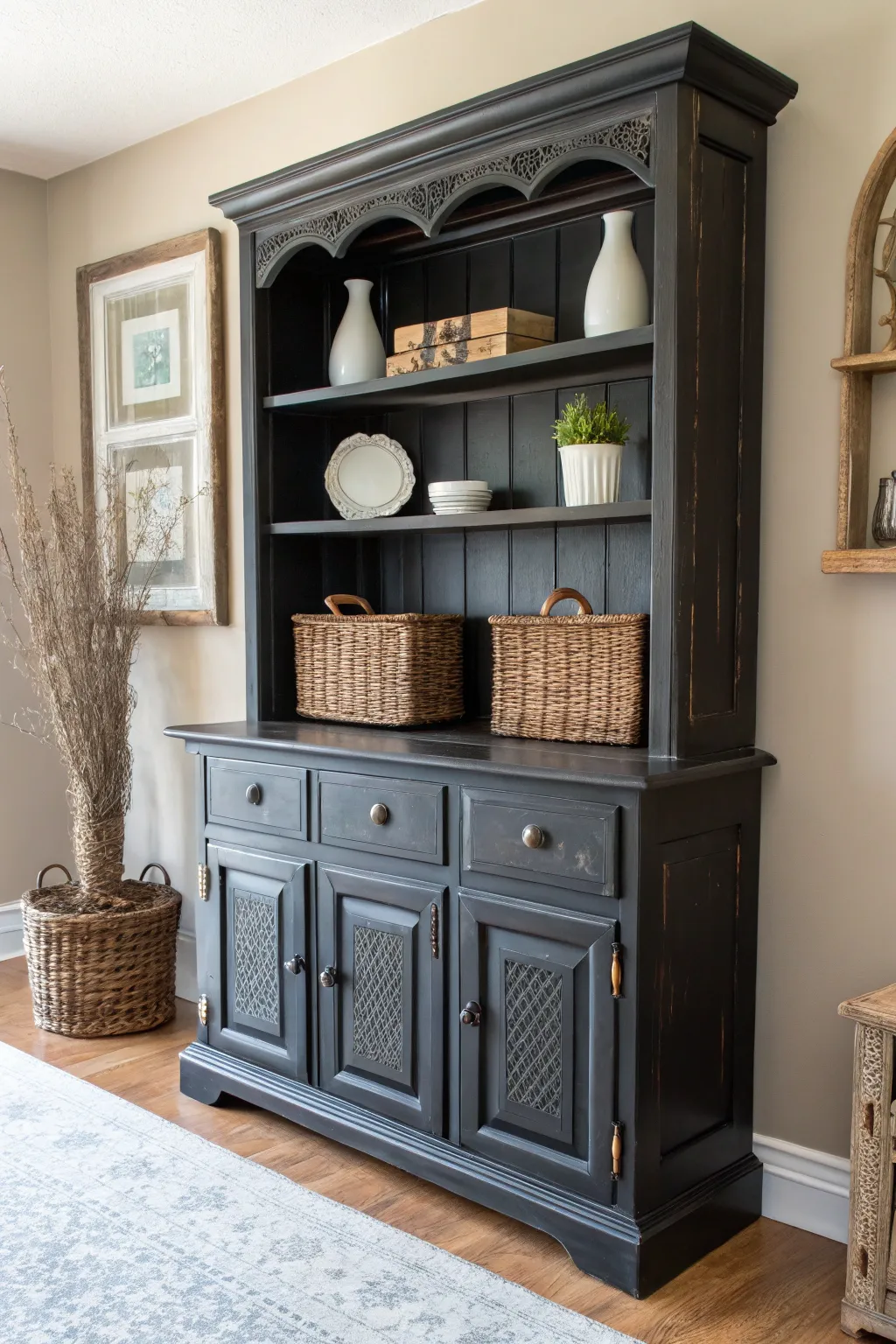 Transform your space with the timeless charm of a black chalk painted farmhouse hutch.
