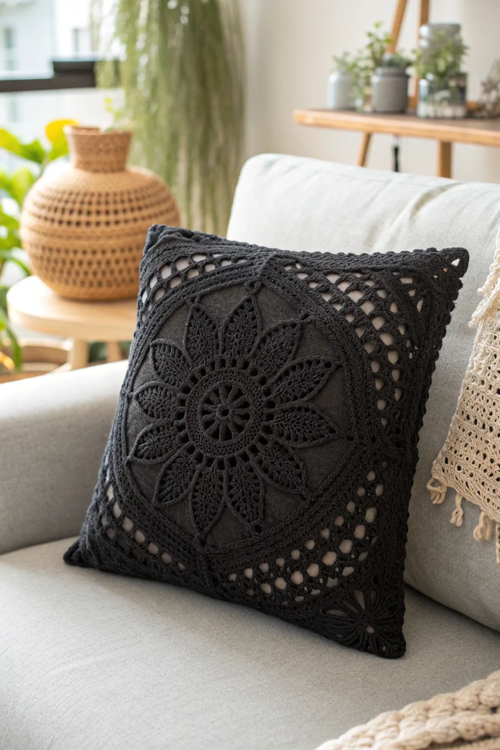 Elevate your living space with the timeless elegance of a black crochet cushion cover.