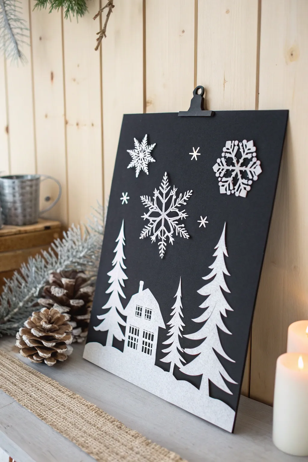 Transform your space with minimalist seasonal decor using black poster board as a canvas for wintery wonders.