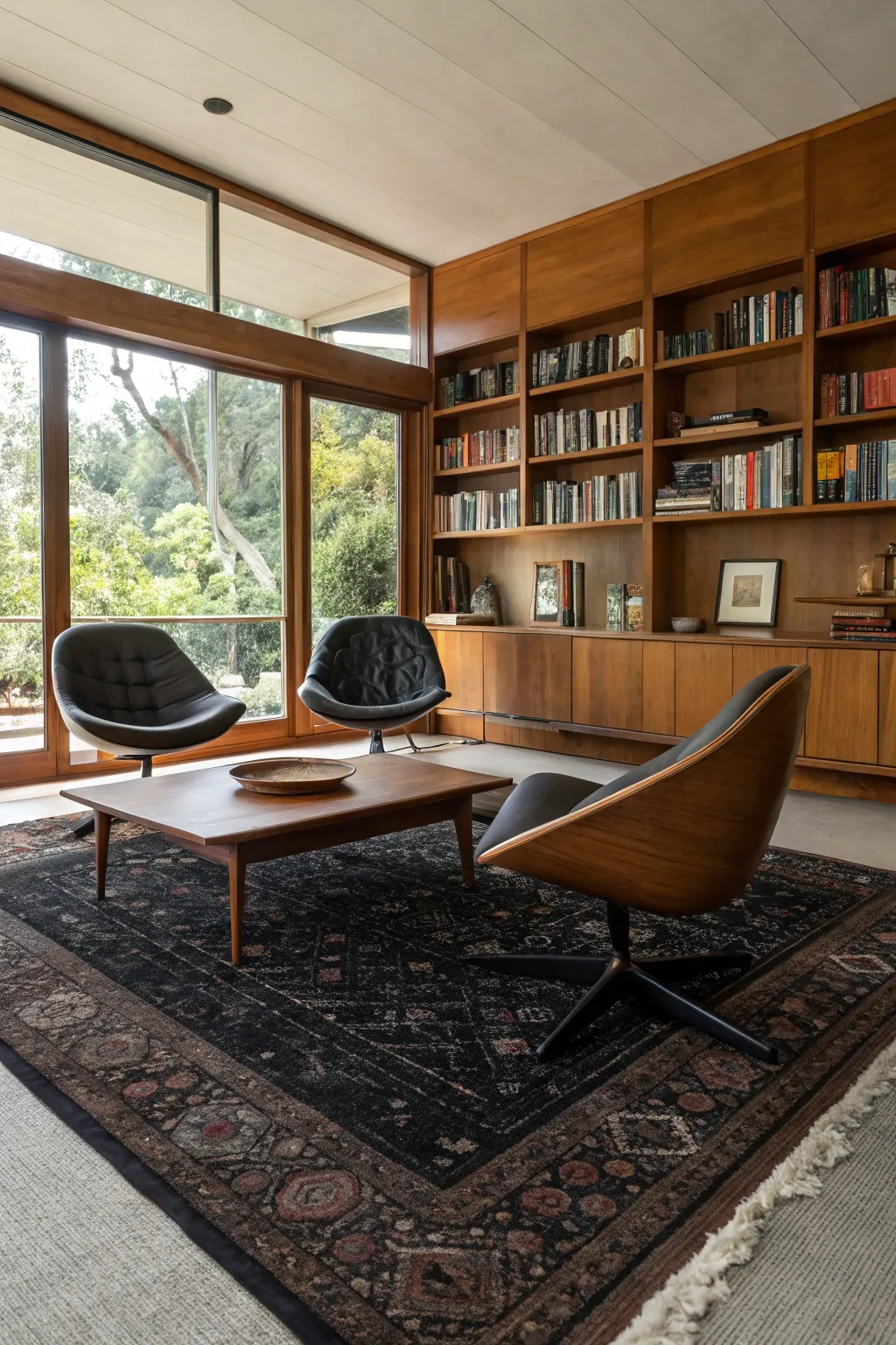 Vintage black rugs add character and seamlessly blend old and new decor elements.