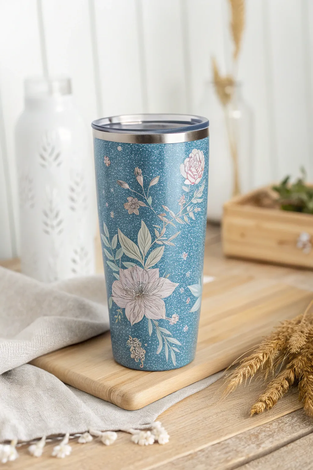 Embrace year-round springtime with this Floral Fantasy blue glitter tumbler!
