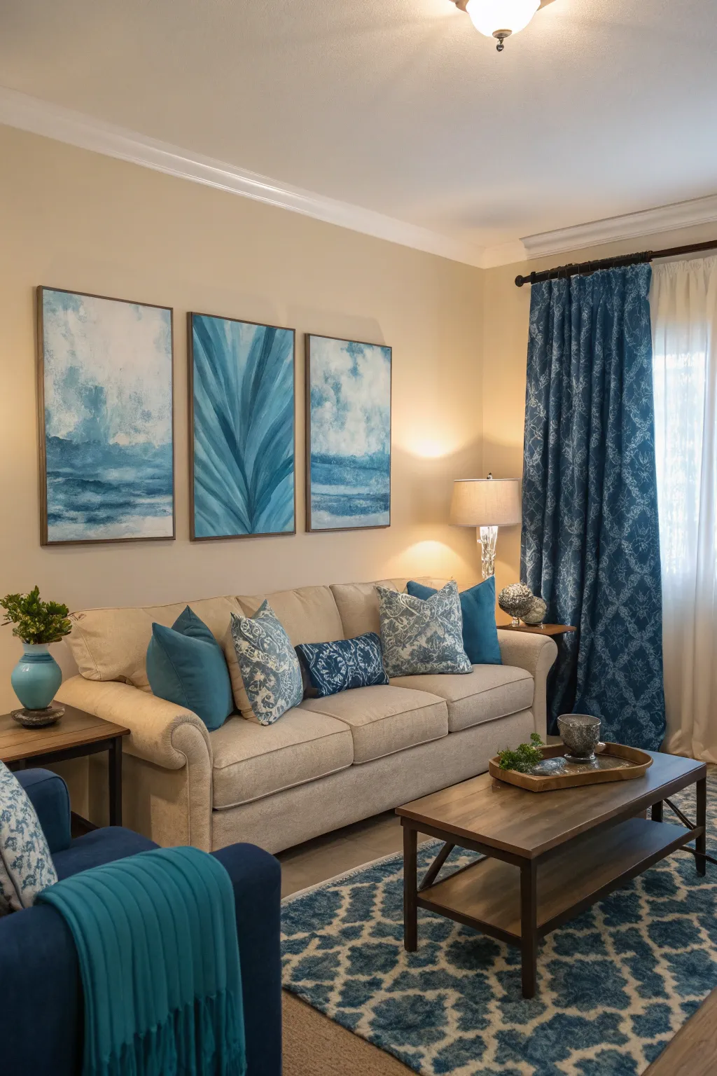Blue artwork adding a personal touch to the living room.