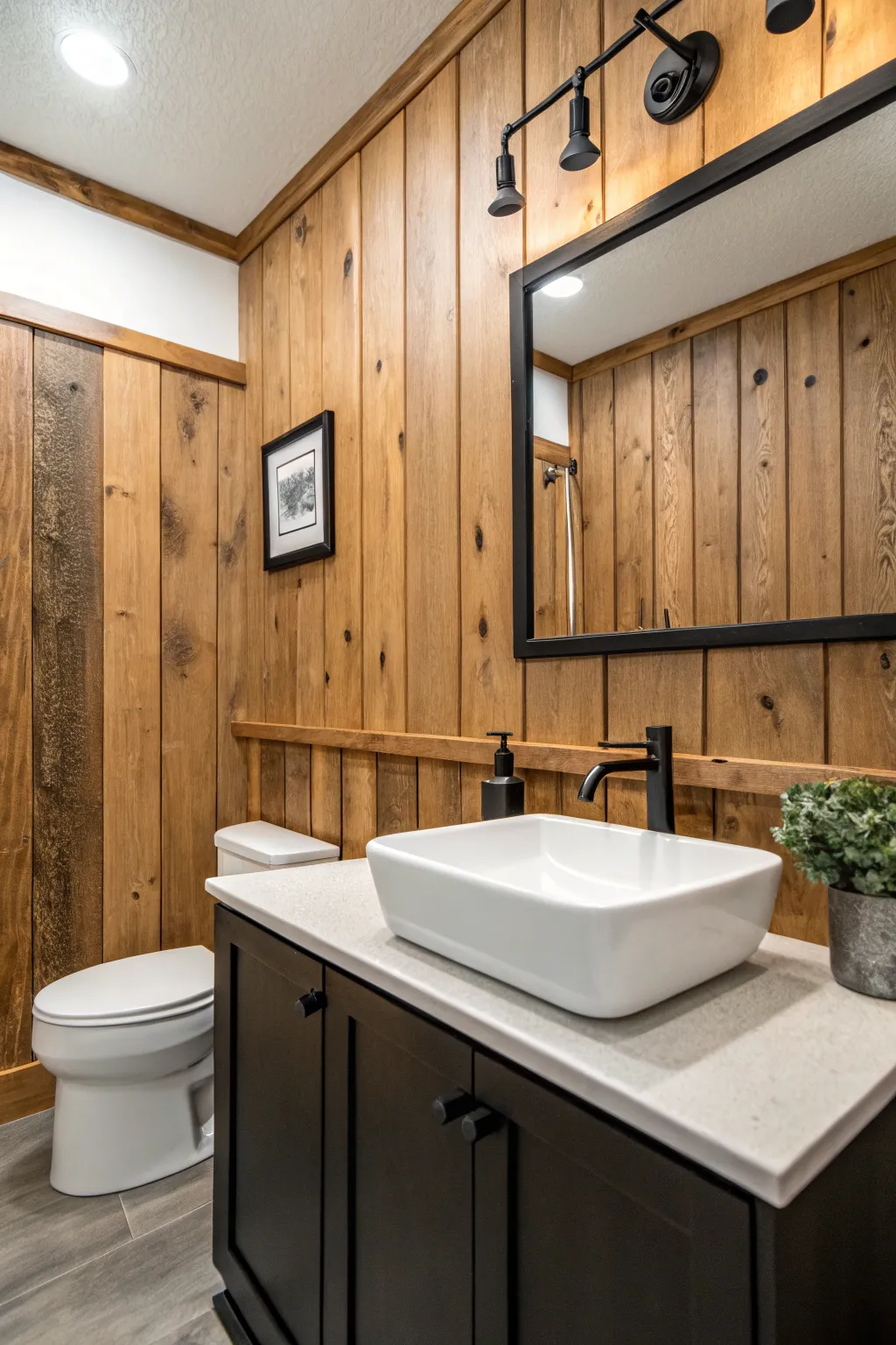 Where rustic warmth meets modern elegance: A serene balance in bathroom design.