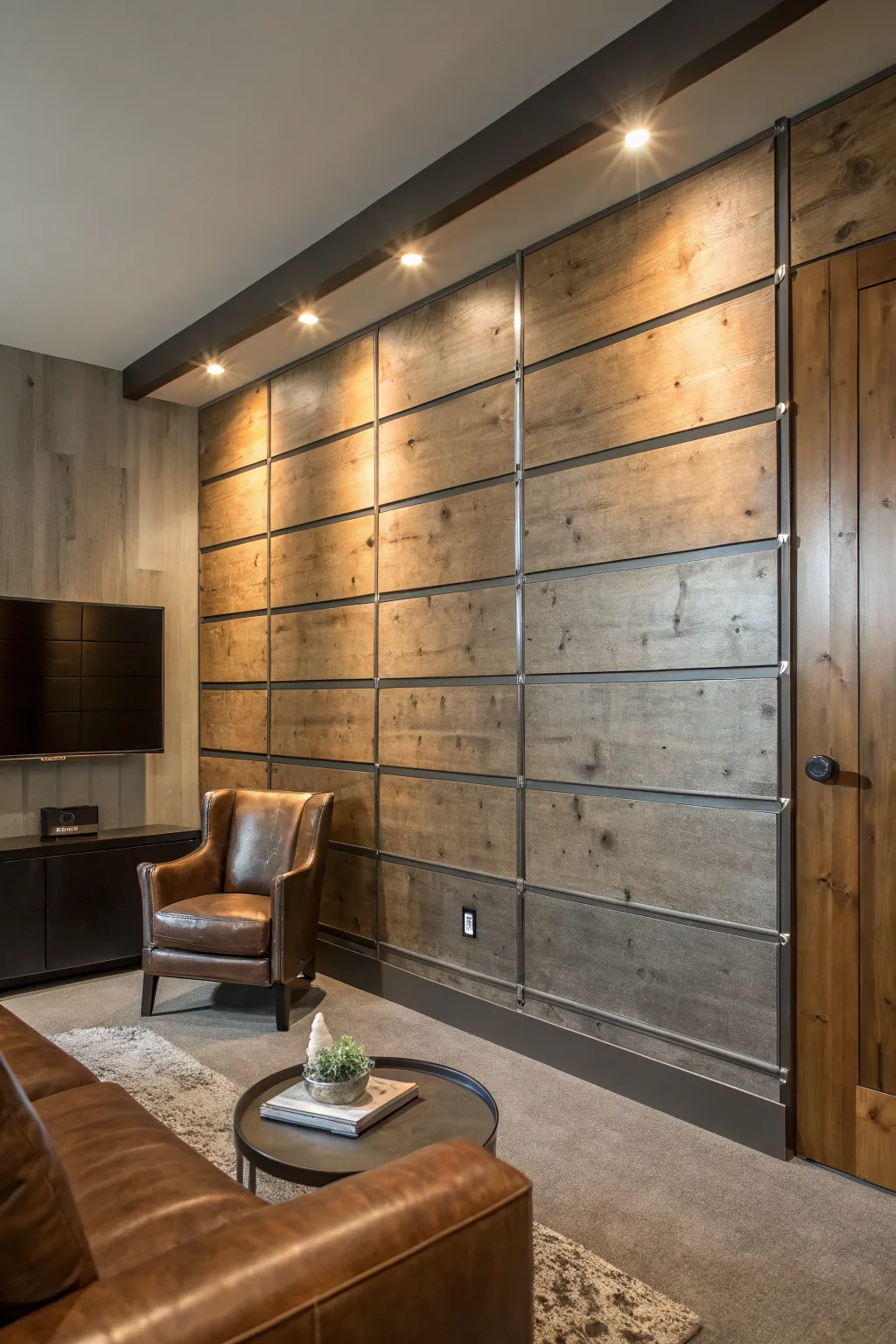 Elevate your living room with a bold mix of board-and-batten, wood, and metal for a modern twist.