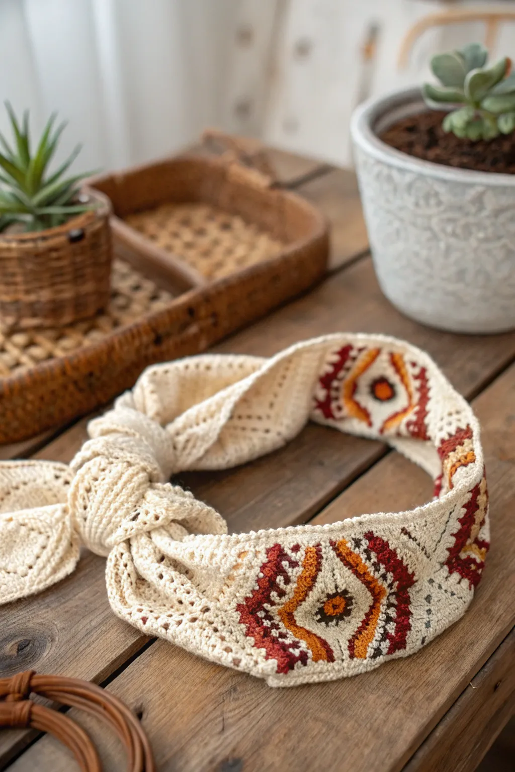 Elevate your boho style with this charming crochet headband. 🌿✨