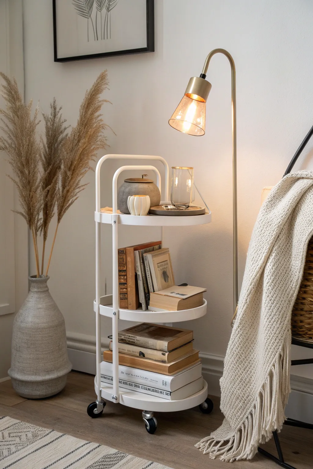 Illuminate your late-night literary escapes with a touch of minimalist elegance. 🌙✨ #BookCartInspiration #ScandiBoho