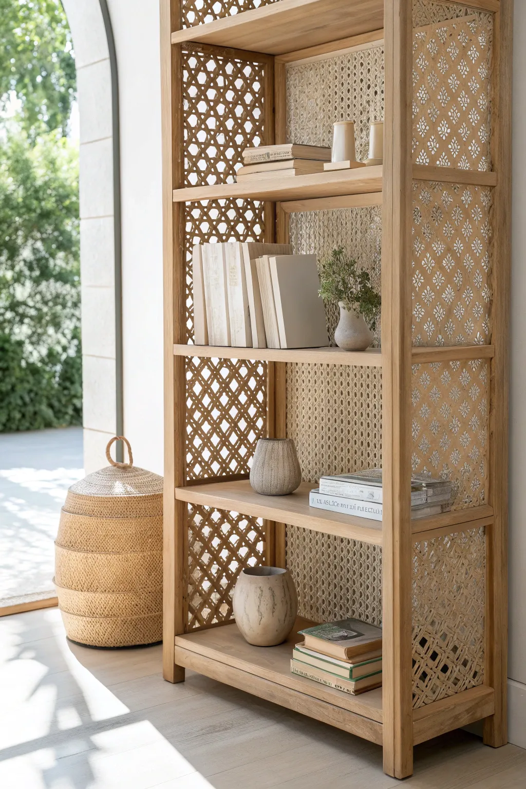 Elevate your bookcase with a chic lattice back panel for a touch of minimalist elegance.