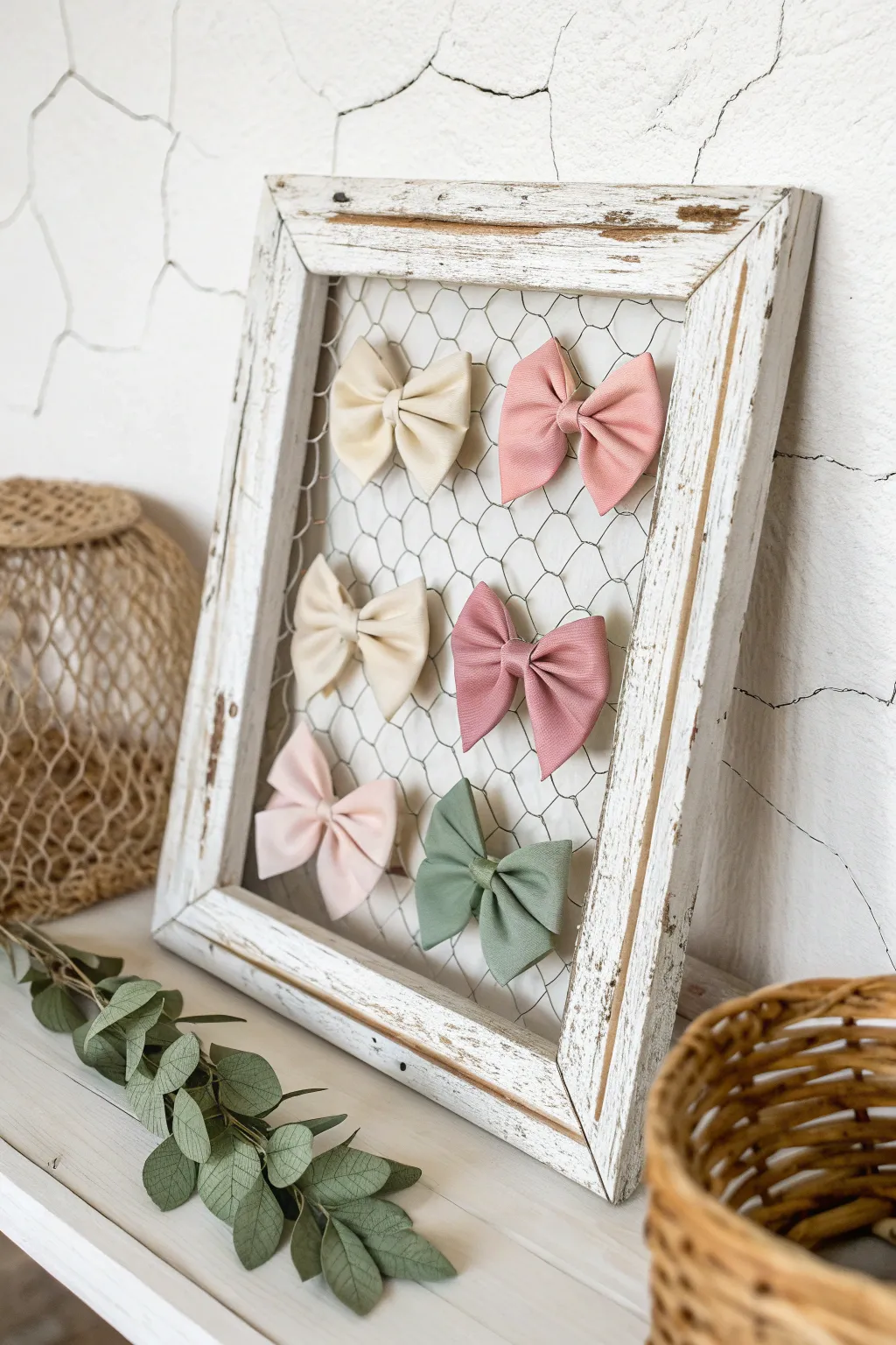 Transform your space with a touch of rustic elegance using a Framed Chicken Wire Bow Holder. Perfect for showcasing your bow collection in style!