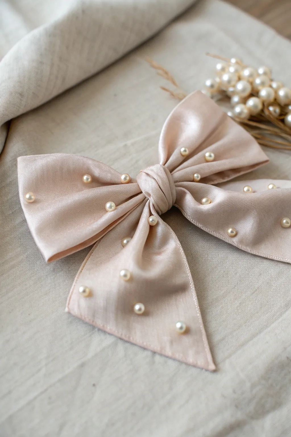 Elevate your evening look with this elegant pearl-adorned bow, a perfect blend of simplicity and sophistication.
