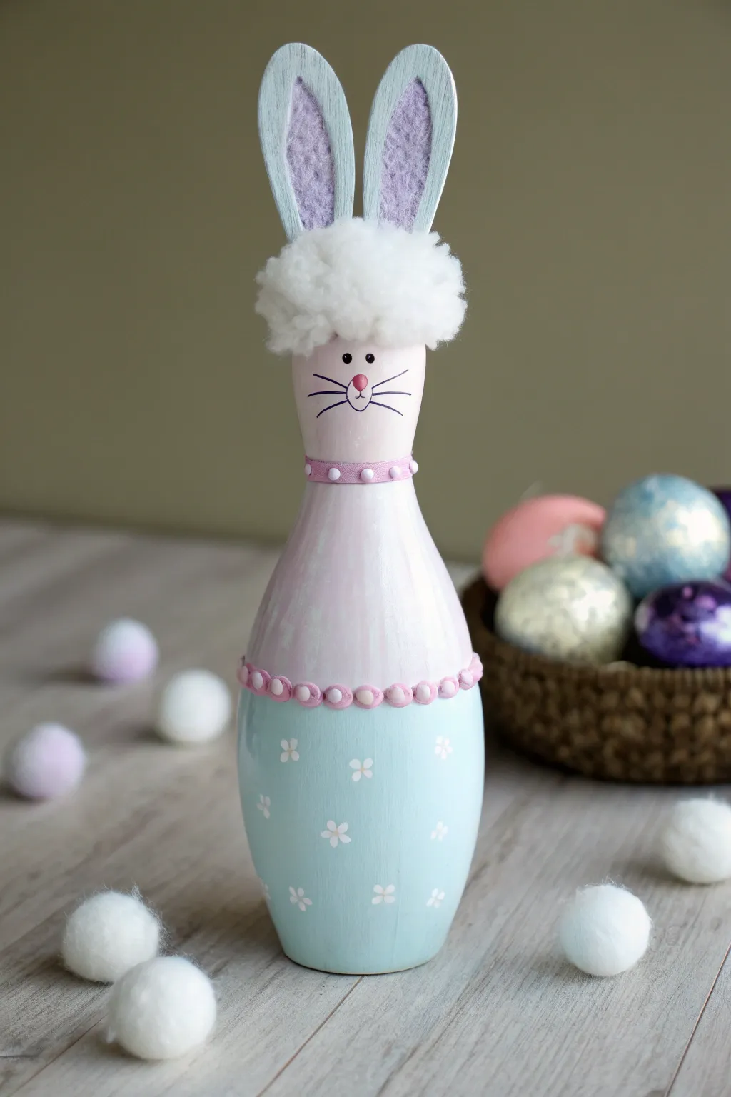 Transform your bowling pins into charming Easter bunnies for a playful and stylish table setting.