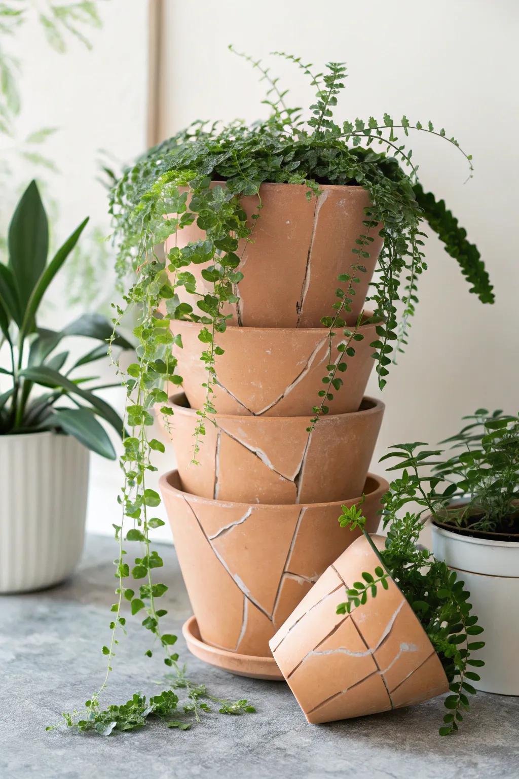 Transform broken pottery into a stunning waterfall garden centerpiece that flows with natural grace.