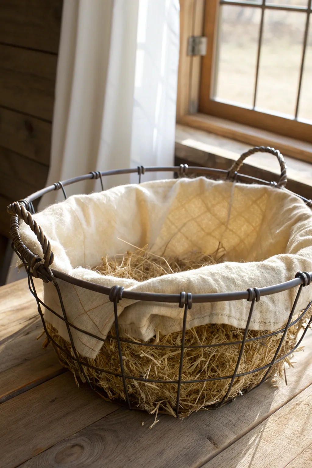 Create a charming brooder with a rustic wire basket, perfect for keeping an eye on your little chicks!