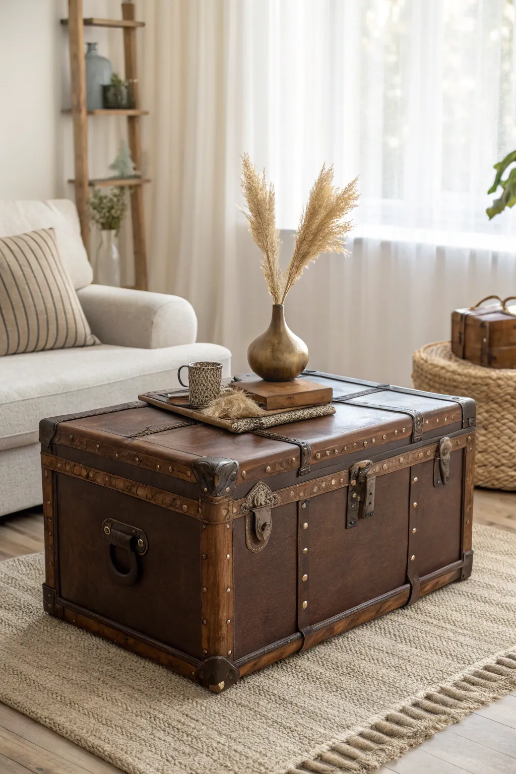 Transform your living room with a vintage trunk turned coffee table—a perfect blend of adventure and elegance.
