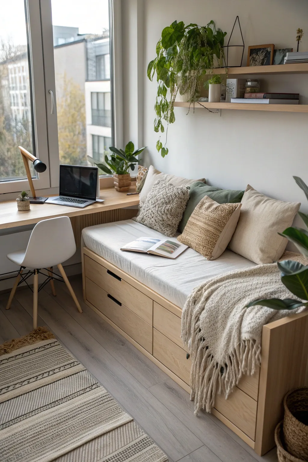 Transform your loft with a chic daybed-desk combo, where work meets relaxation in style. 🌿✨ #ScandiBoho #SmallSpaceLiving