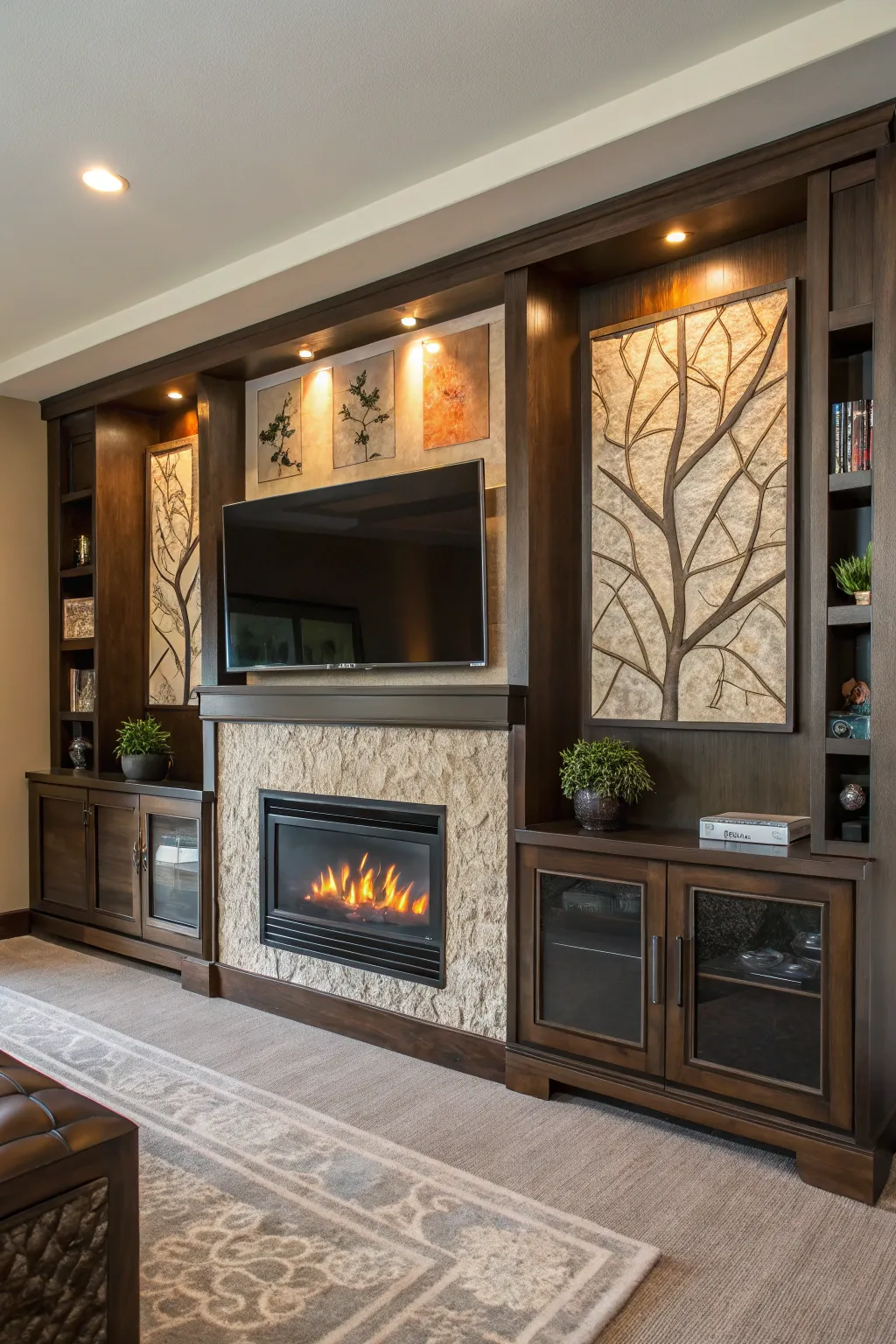 Customized panels give this entertainment center a unique, artistic flair.