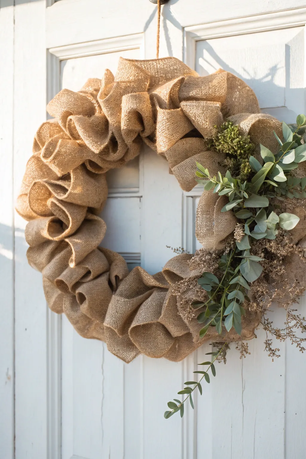 Embrace the calm of the season with a burlap wreath that celebrates natural beauty and simple elegance.