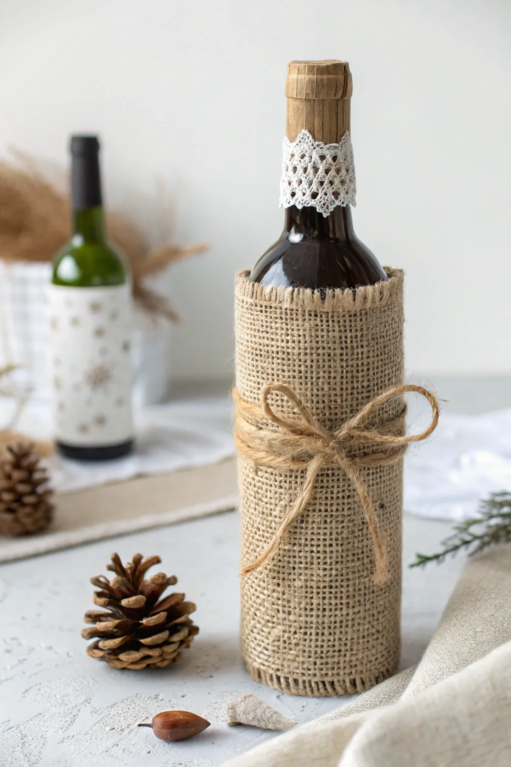 Elevate your gift-giving with this beautifully wrapped burlap wine bottle, perfect for any occasion.