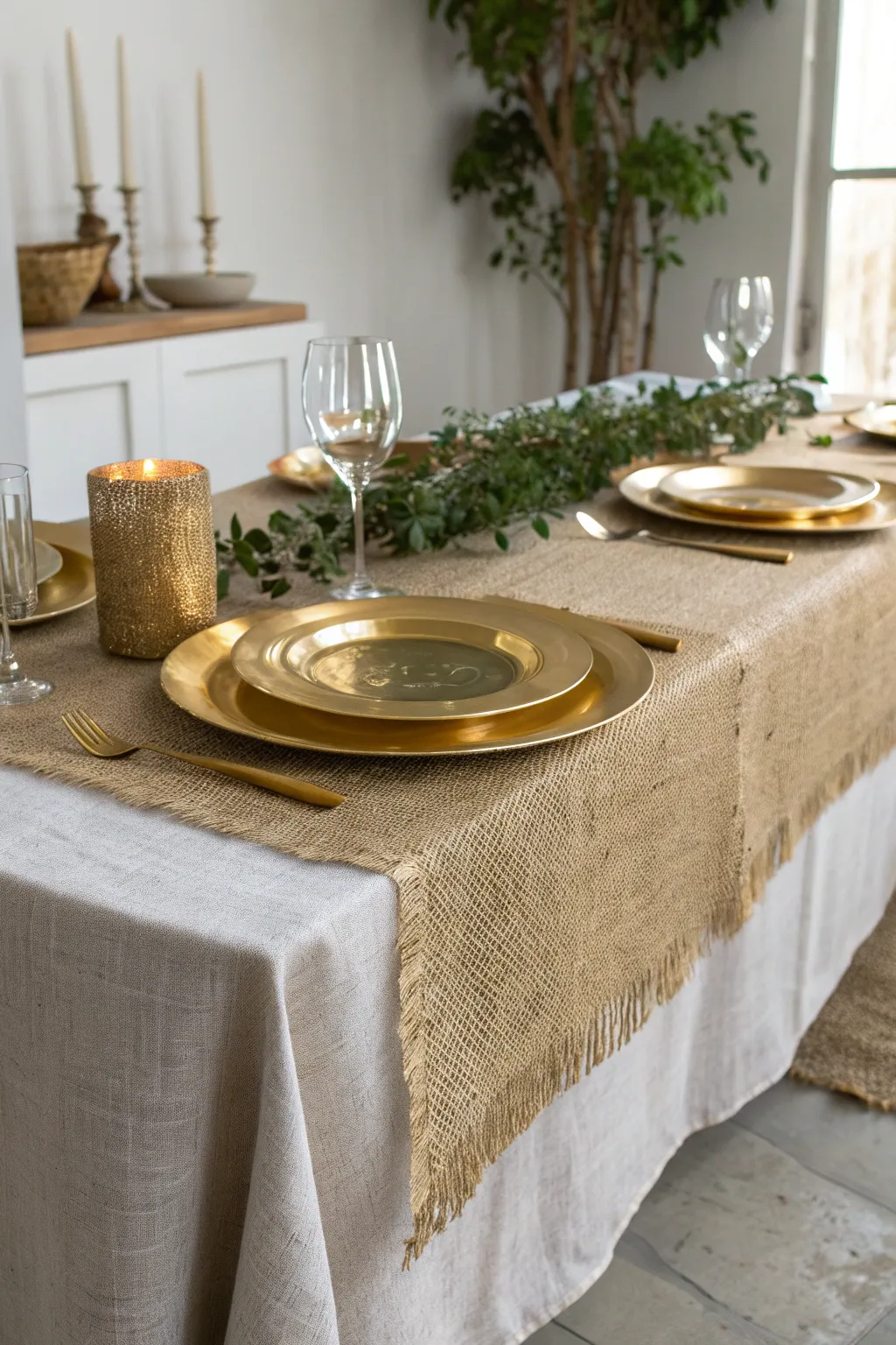 Elevate your table setting with the stunning contrast of burlap and gold for a chic, rustic touch.