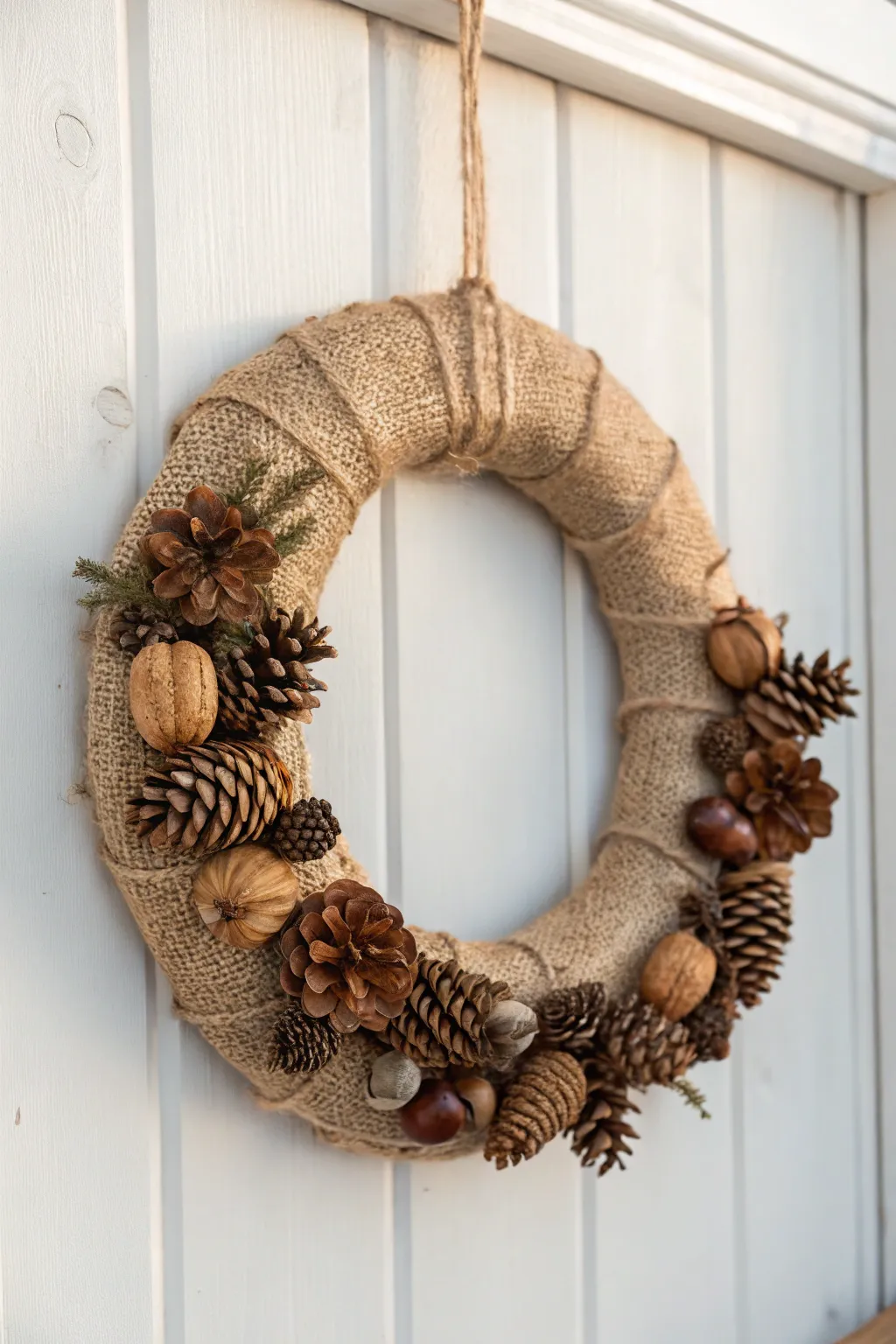 Embrace the beauty of nature with this elegantly rustic burlap wreath, where simplicity meets natural elegance.