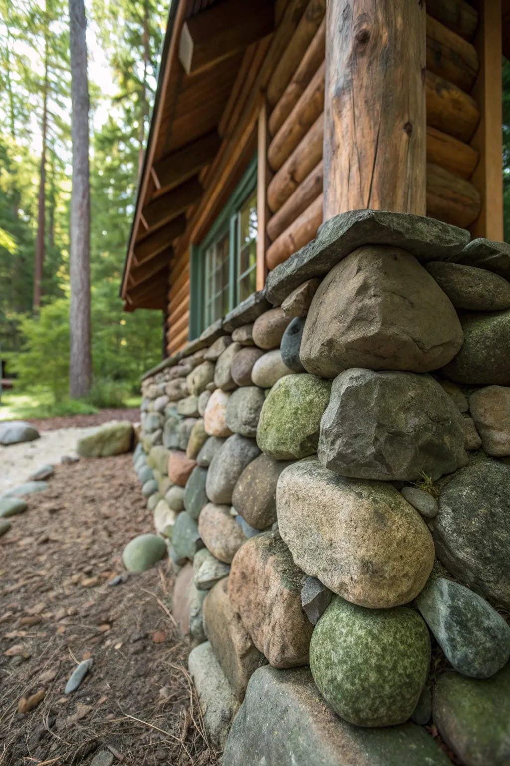 Rustic elegance meets nature: A timeless natural stone foundation for your cabin retreat.