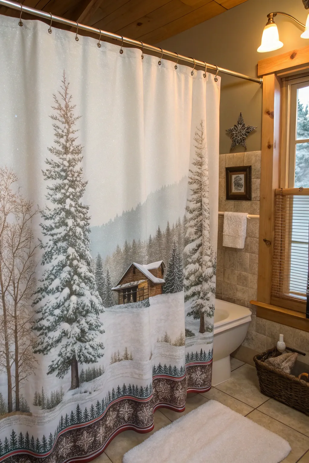 A winter woodland shower curtain for a seasonal cabin feel.