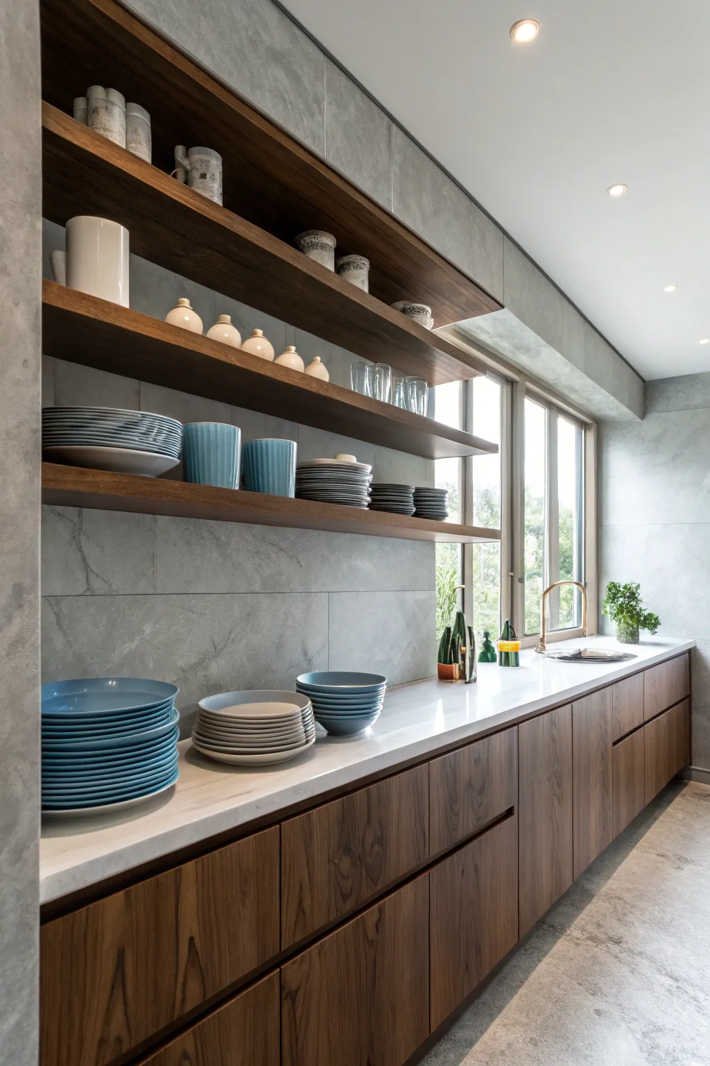 Elevate your kitchen's style with modern open shelving that beautifully showcases your finest dishware.