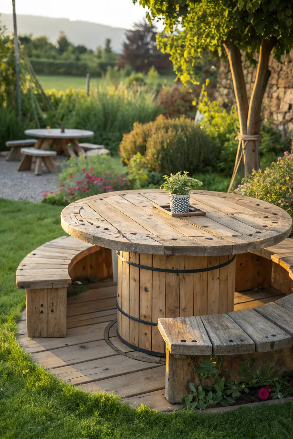 Transform your garden gatherings with this unique spool picnic table, where rustic charm meets practical design.