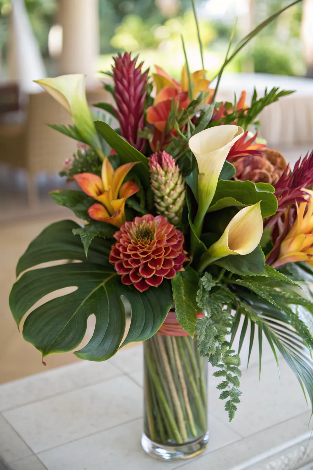 Tropical twist with a vibrant calla lily bouquet.