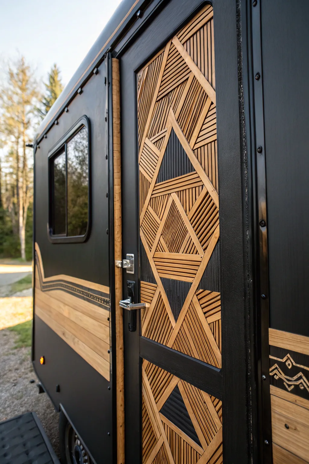 Transform your camper door with these stunning DIY wooden patterns for a modern rustic look.