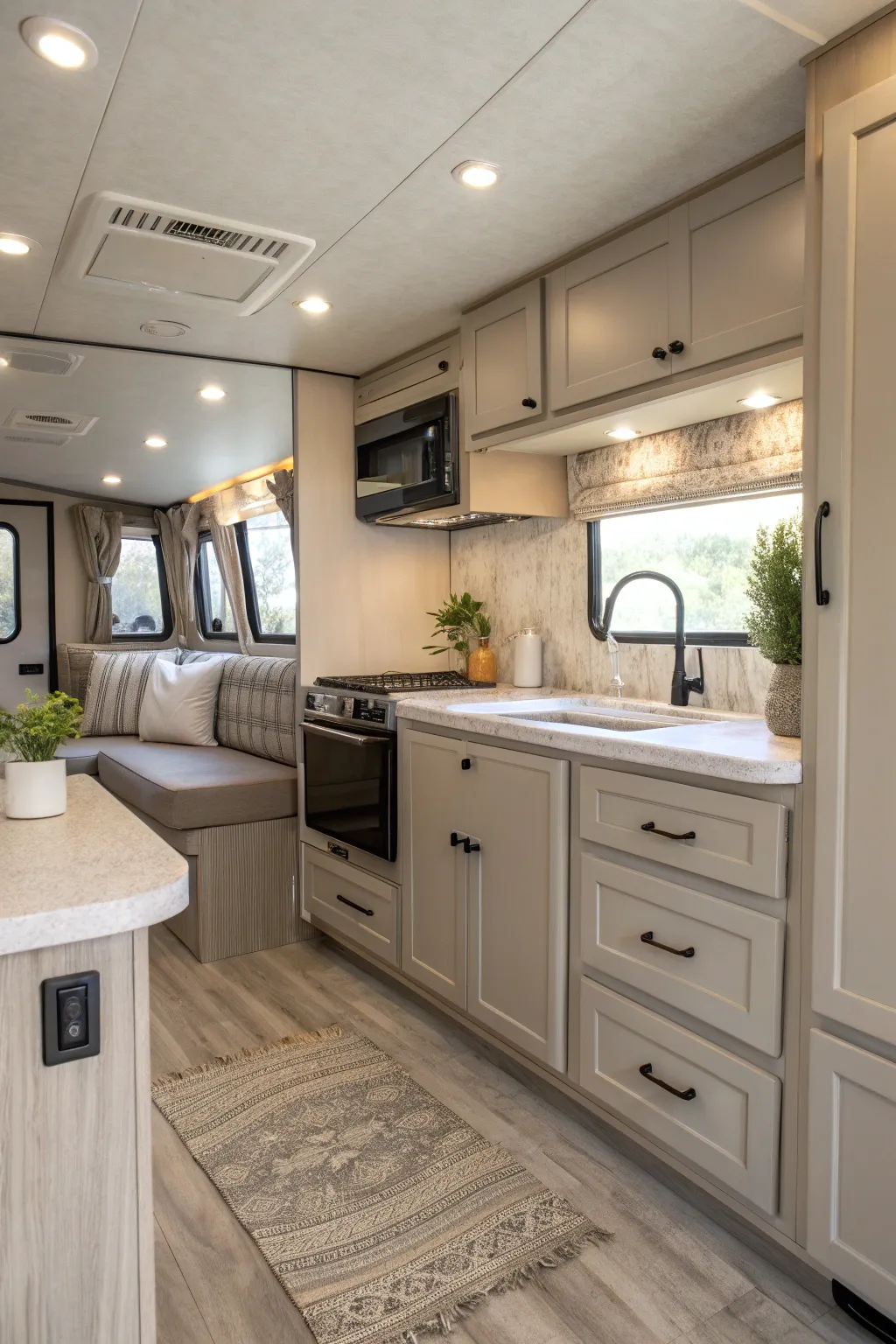 Elevate your camper's style with timeless neutral tones for a classic and elegant look.