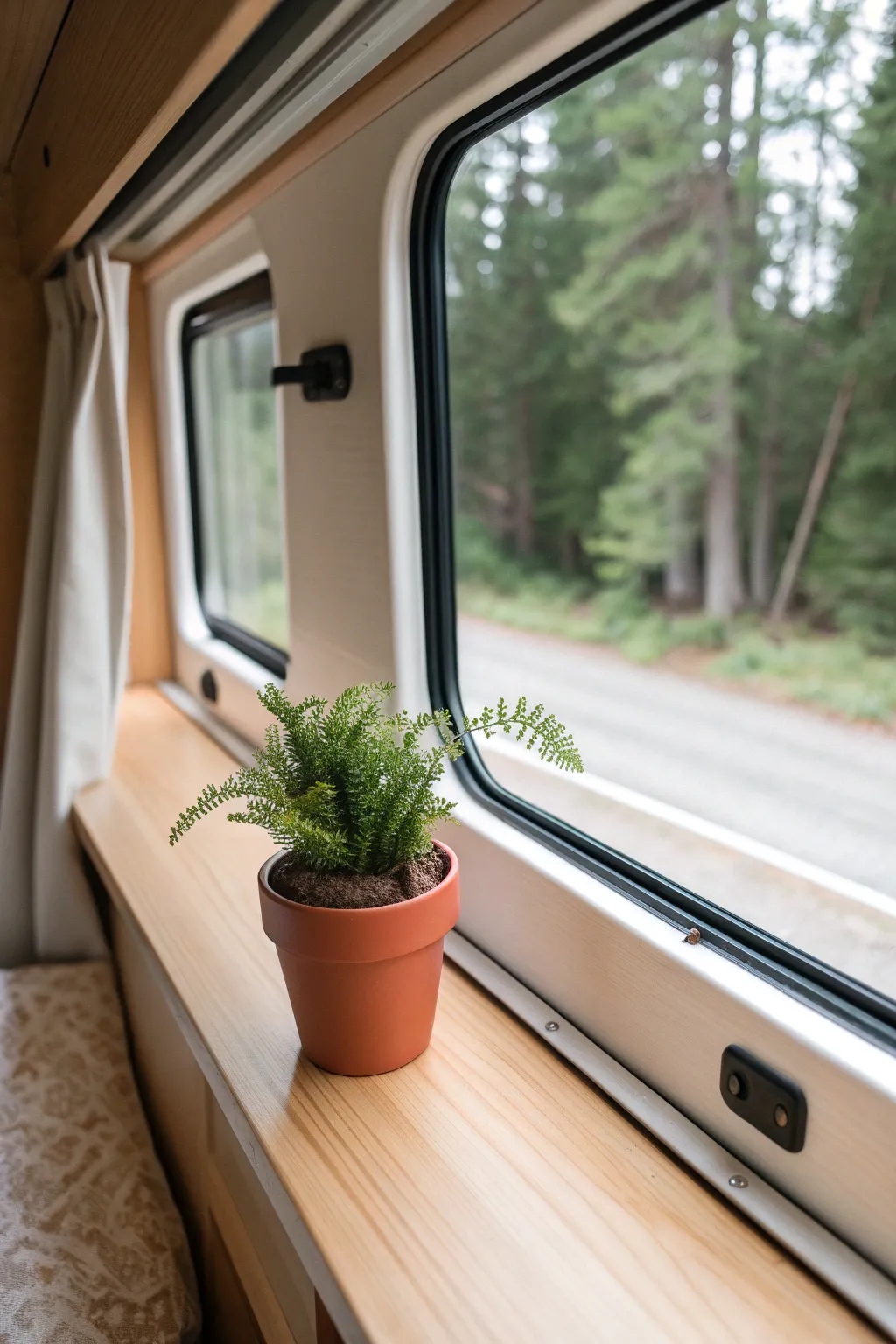 Bring the outdoors in with a touch of green on your camper's window sill. 🌿✨ #ScandiBoho #MinimalistCharm