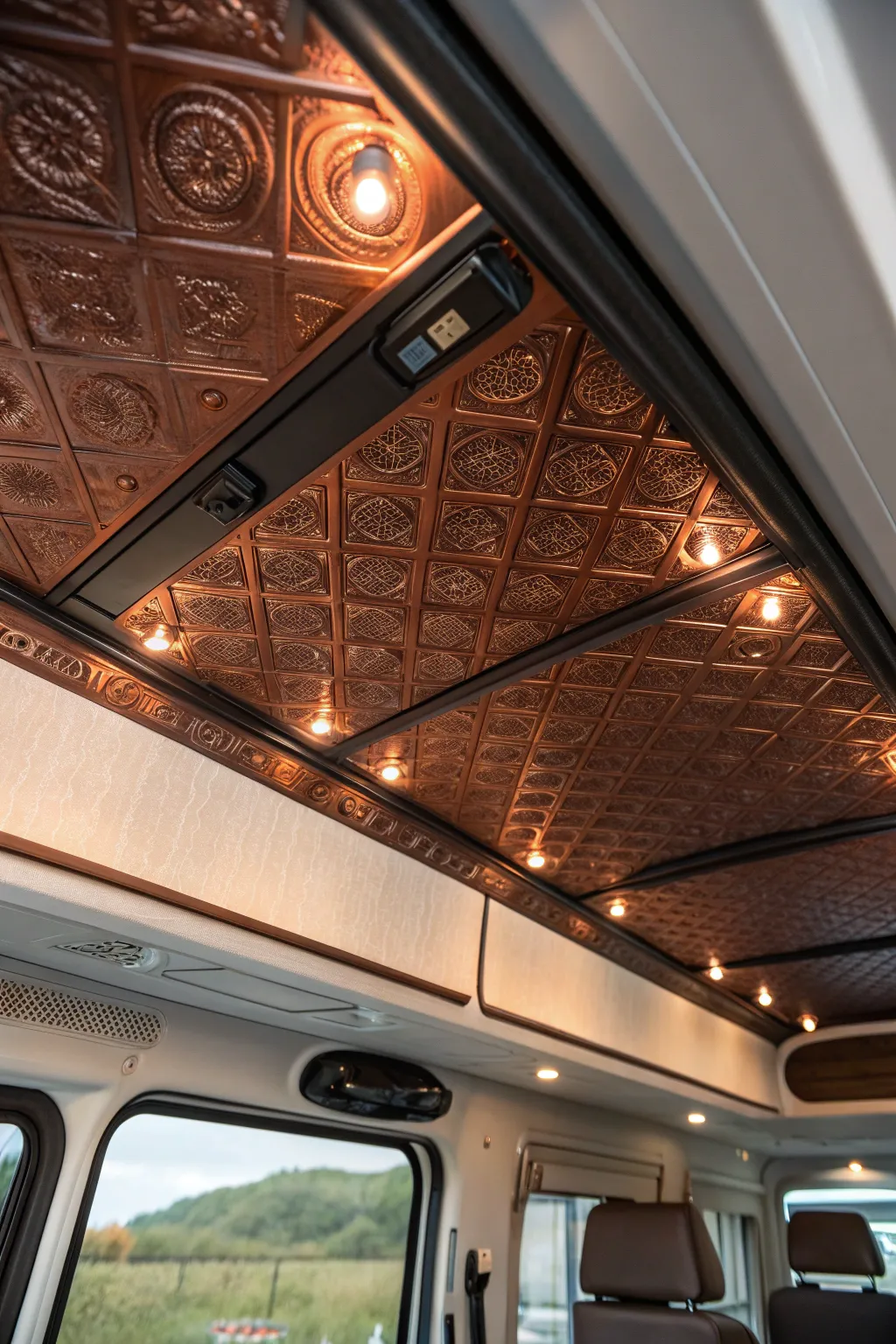 Transform your campervan into a stylish retreat with elegant copper ceiling accents that blend industrial chic with warmth.
