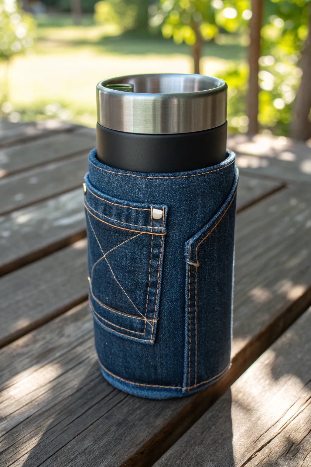 Keep it cool with style: Upcycled denim koozie for your outdoor adventures.