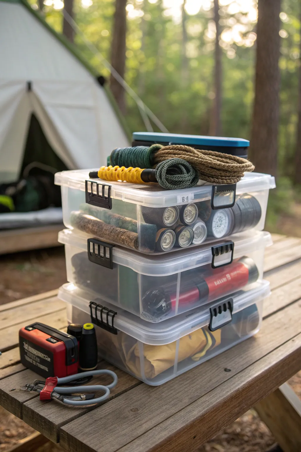 Streamline your camping adventures with see-through storage bins—spot your gear at a glance and keep everything organized!