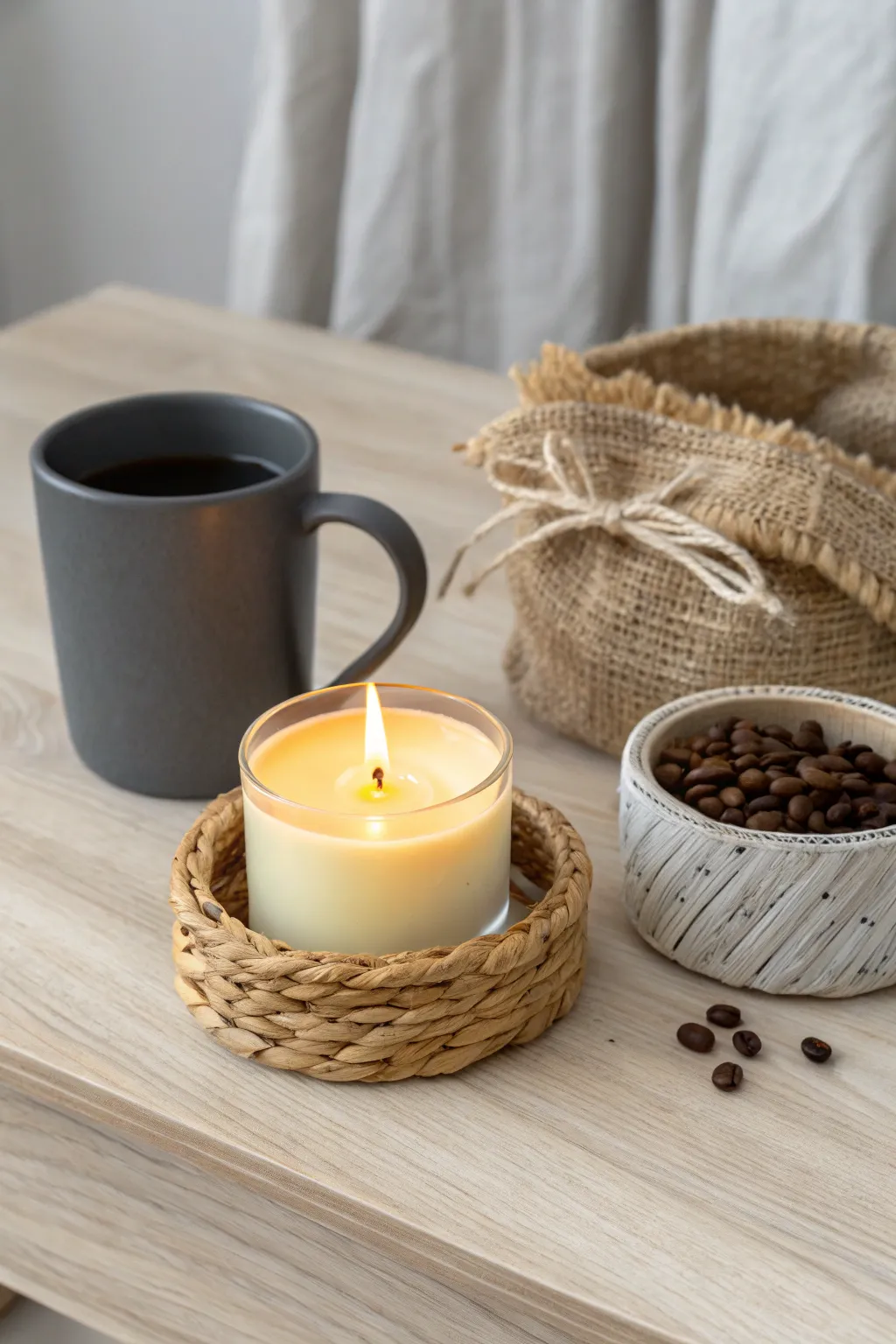 Ignite your senses with a citrus candle and morning brew – the perfect start to a Scandinavian-inspired day.