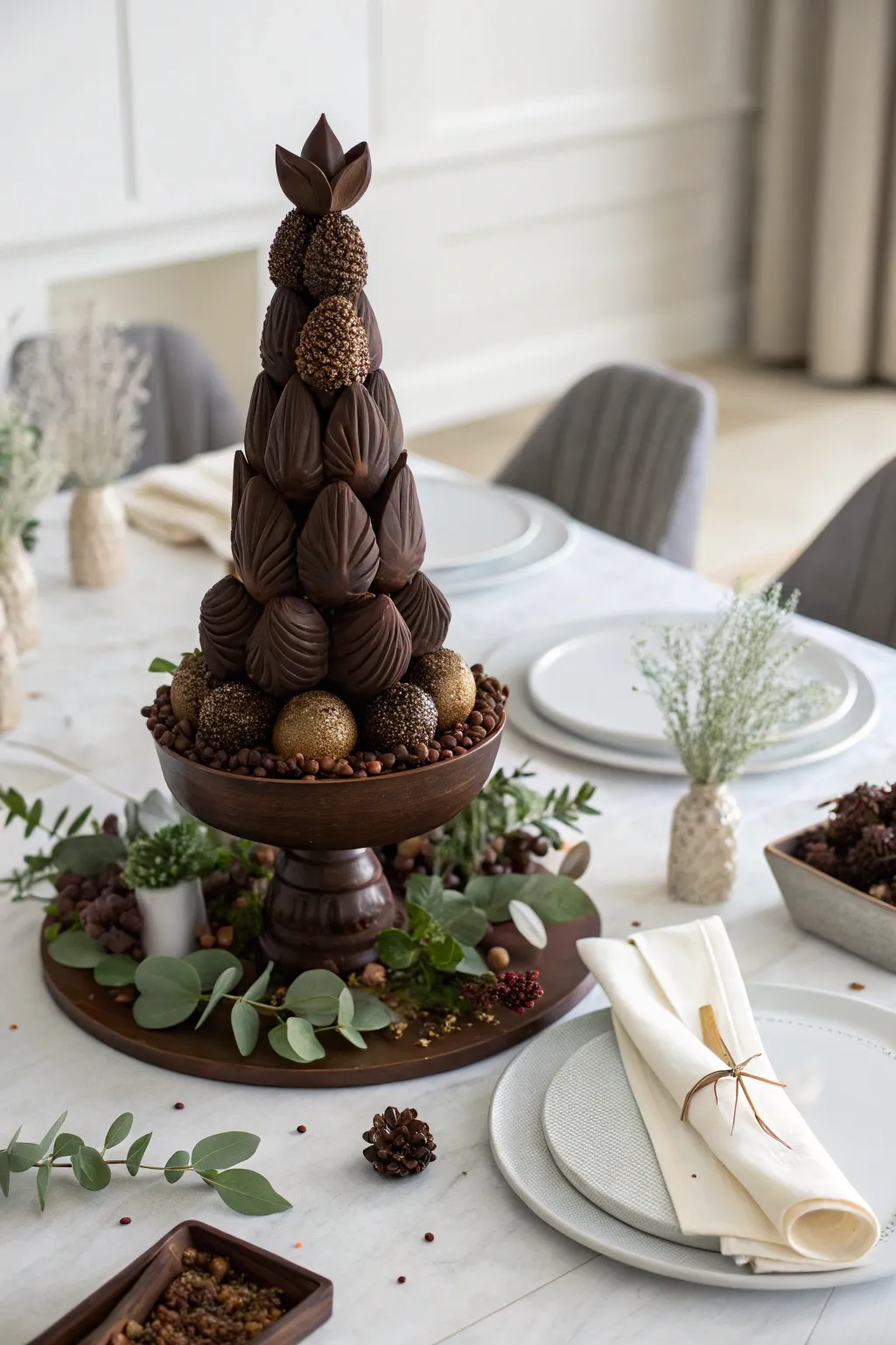 Indulge in the art of dessert with this stunning chocolate sculpture centerpiece. A feast for the eyes and the taste buds!