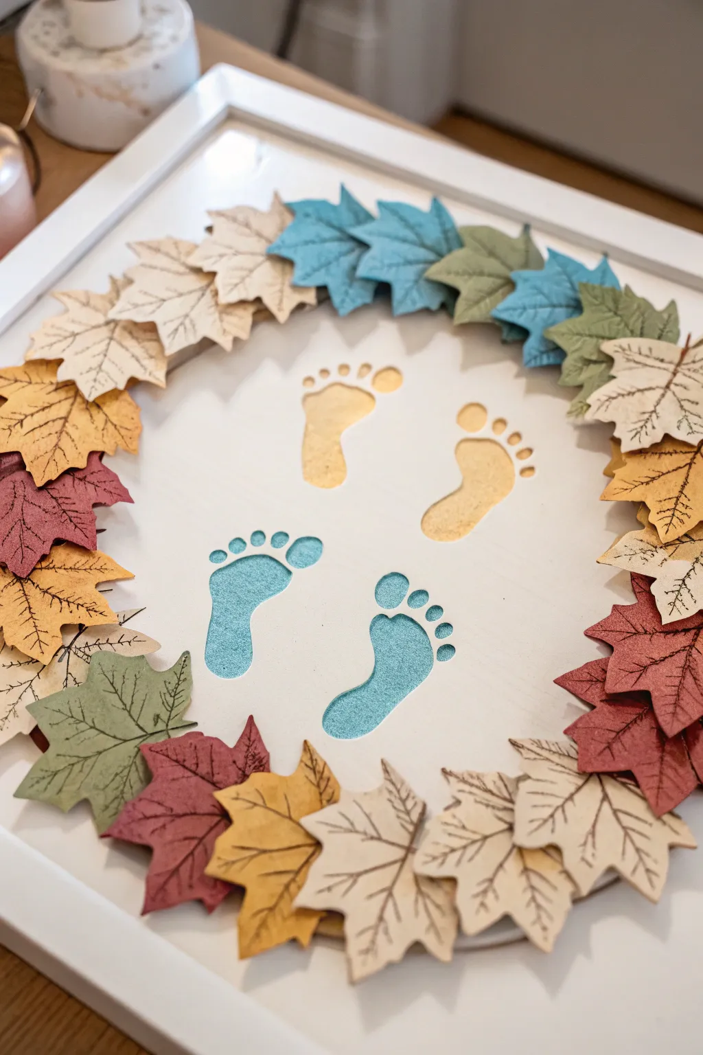 Capture the seasons with a personal touch: a handcrafted canvas footprint wreath that evolves with the year.