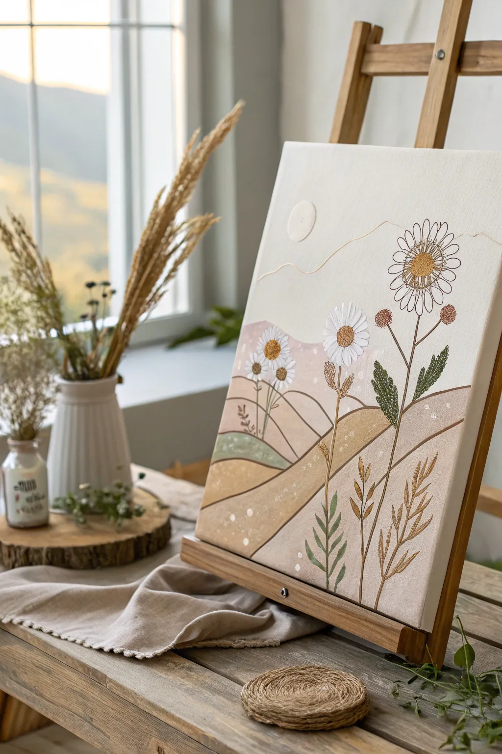 Discover the beauty of mixed media with this canvas embroidery masterpiece, where art meets texture in a serene, minimalist setting.